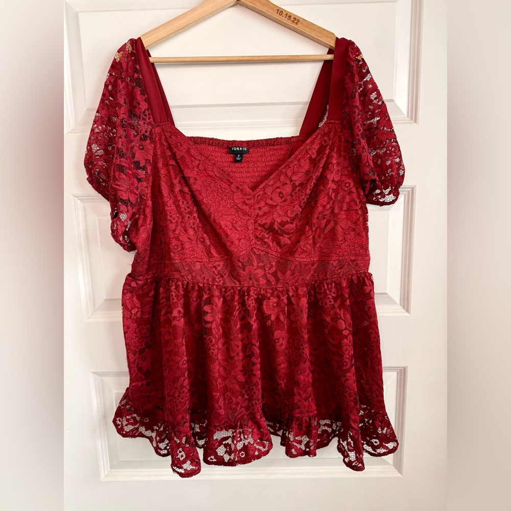 Torrid Red Lace Floral Blouse - Picture 3 of 9